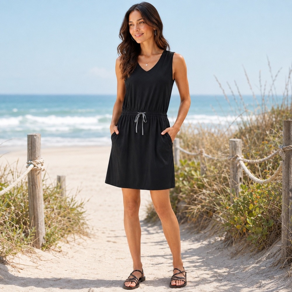 Kuhl Black Sleeveless V-Neck Drawstring Waist Pocket Dress XL RN108846